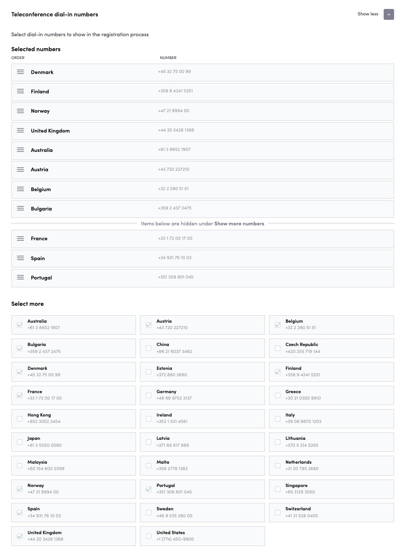 Teleconference dial-in numbers settings