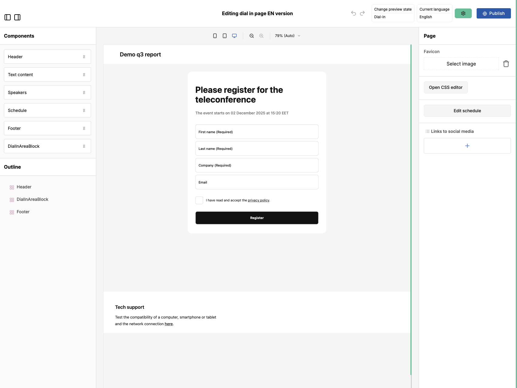 Dial-in page editor interface