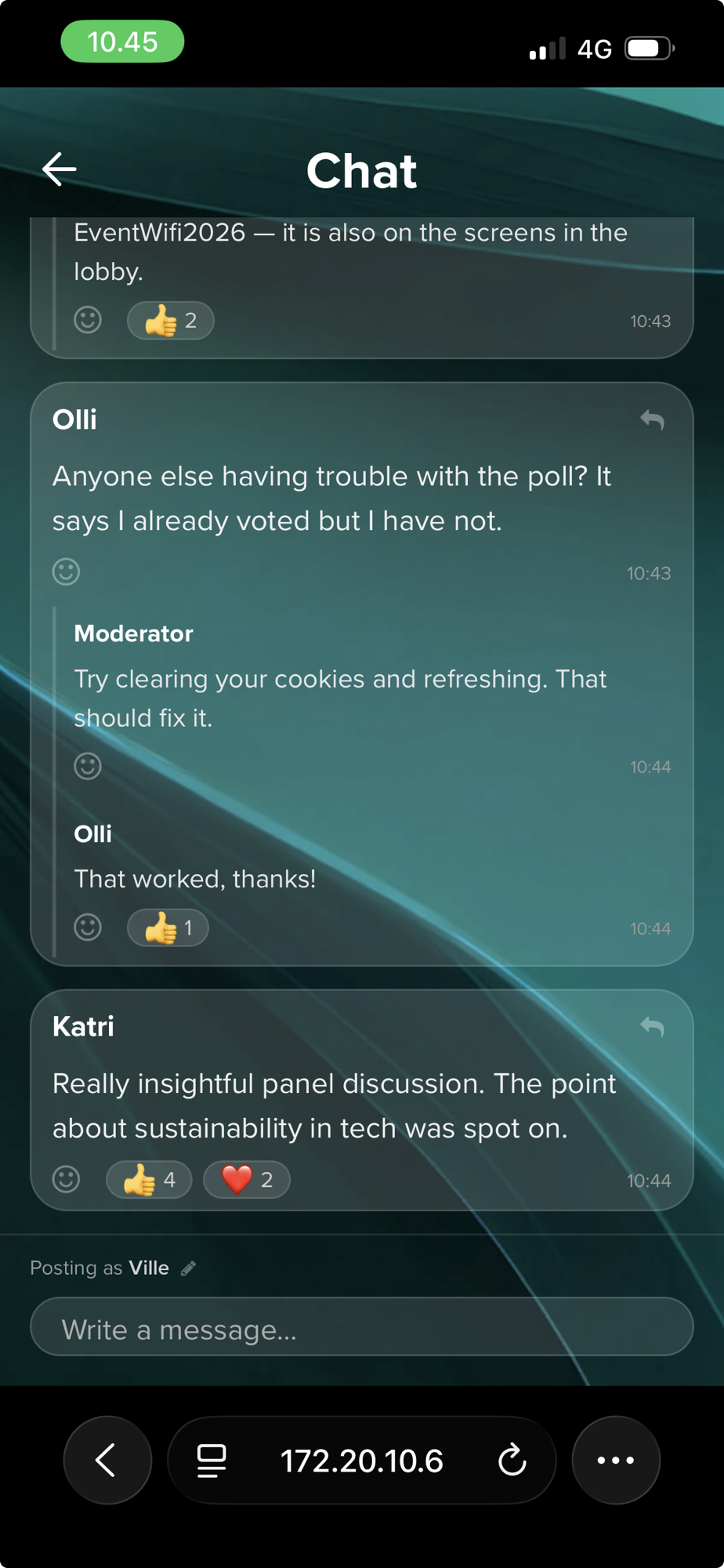 Onsite app chat showing messages, threaded replies, and emoji reactions